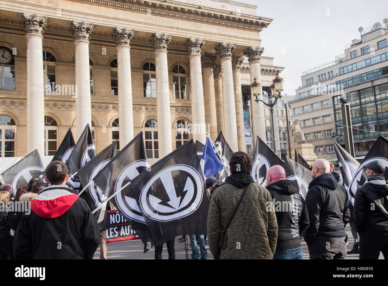 Paris, France. 25th February 2017. Members of the nationalist action group 'La Dissidence Française' gathered at the Paris Stock Exchange Saturday, February 25, 2017 (Around a watchword) 'Ours before others!'. Credit: Saïd Anas/Alamy Live News Stock Photo