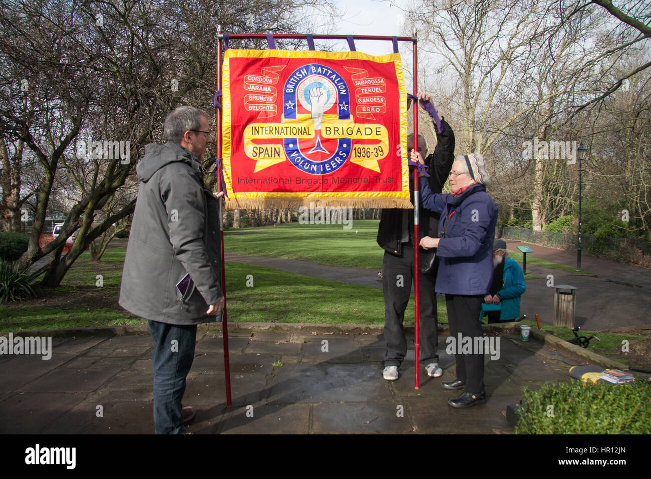 London, UK. 26th Feb, 2017. A service of commemoration at Bishop's Park in Fulham including a wreath laying ceremony and prayers to commemorate the 80th anniversary of the Battle of Jarama which was fought by British volunteers of the International Brigage during the Spanish civil war against fascism Credit: amer ghazzal/Alamy Live News Stock Photo