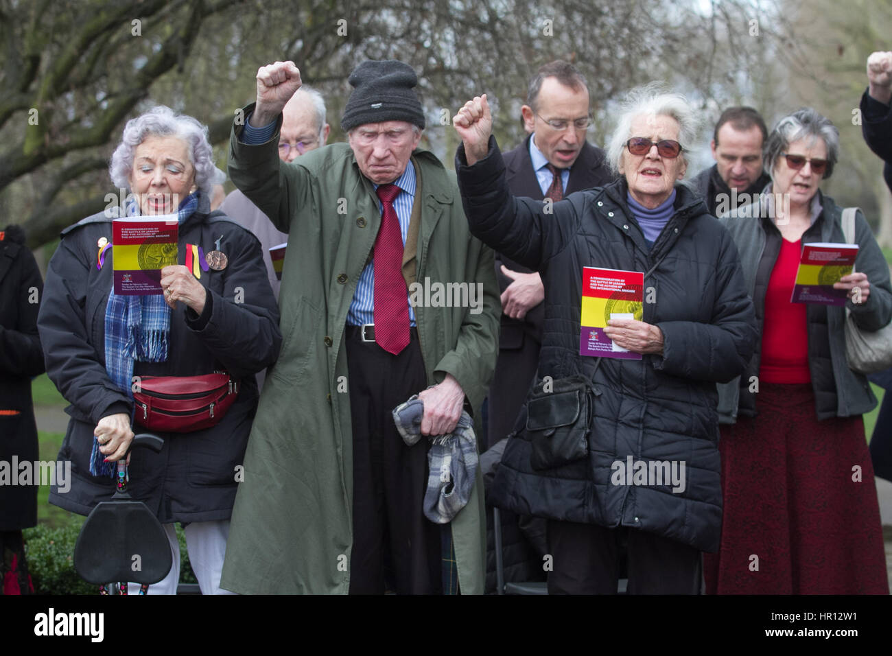 London, UK. 26th Feb, 2017. A service of commemoration at Bishop's Park in Fulham including a wreath laying ceremony and prayers to commemorate the 80th anniversary of the Battle of Jarama which was fought by British volunteers of the International Brigade during the Spanish civil war against fascism and the nationalists led by General Franco Credit: amer ghazzal/Alamy Live News Stock Photo