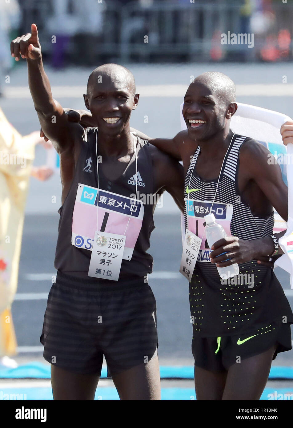 Tokyo, Japan. 26th Feb, 2017. Wilson Kipsang of Kenya (L) celebrates with his compatriot Gideon Kipketer (R) as they crossed the finish line of the Tokyo Marathon in Tokyo on Sunday, February 26, 2017. Kipsang won the race with a time of 2 hours 3 minutes 58 seconds while Kipketer finished the second and Chumba finished the third. Credit: Yoshio Tsunoda/AFLO/Alamy Live News Stock Photo