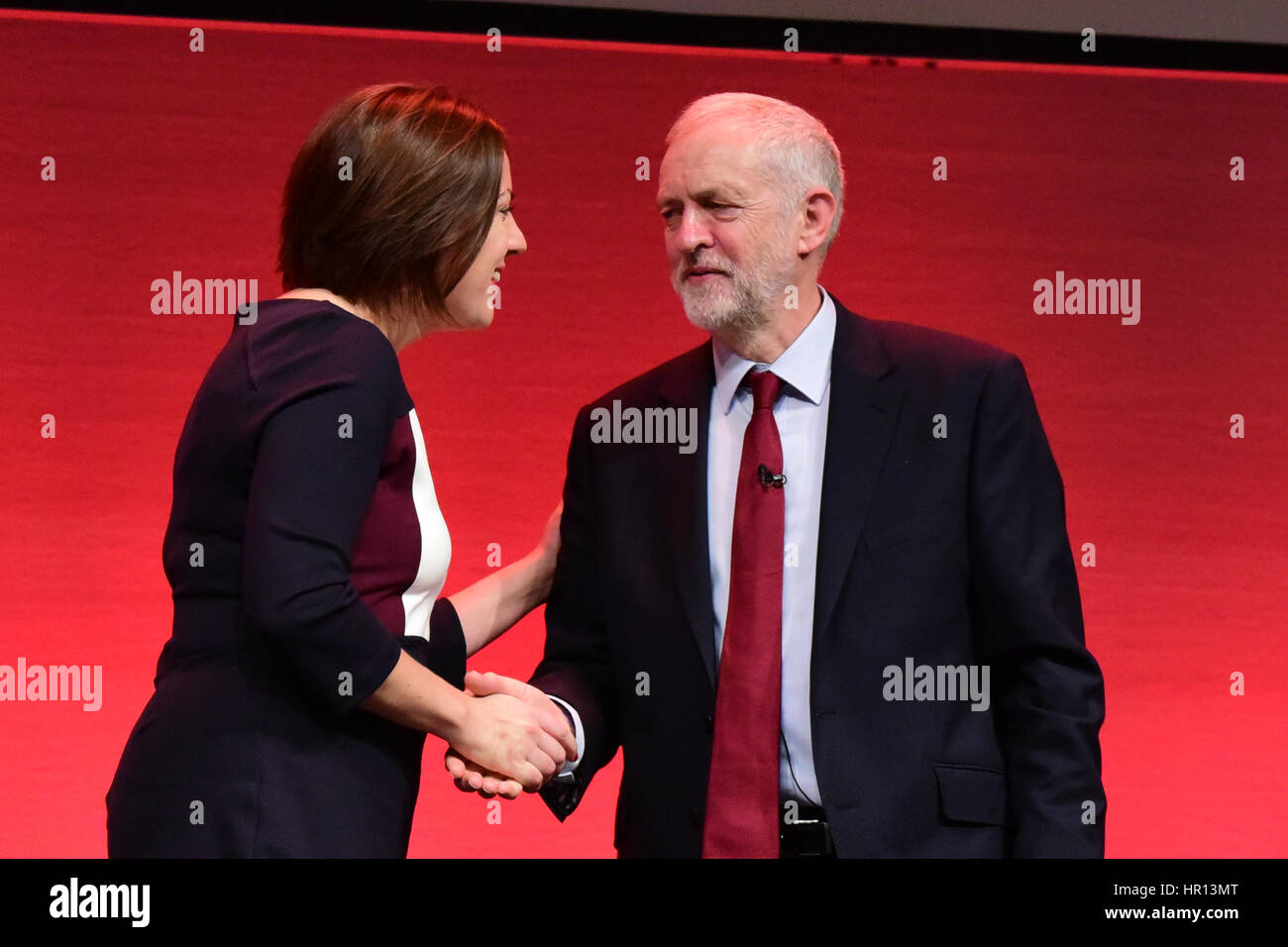 Perth, Scotland, UK. 26th February 2017. Scottish Labour leader Kezia Dugdale on stage with UK Labour leader Jeremy Corbyn after his speech to the Scottish Labour Party conference in Perth, Credit: Ken Jack/Alamy Live News Stock Photo