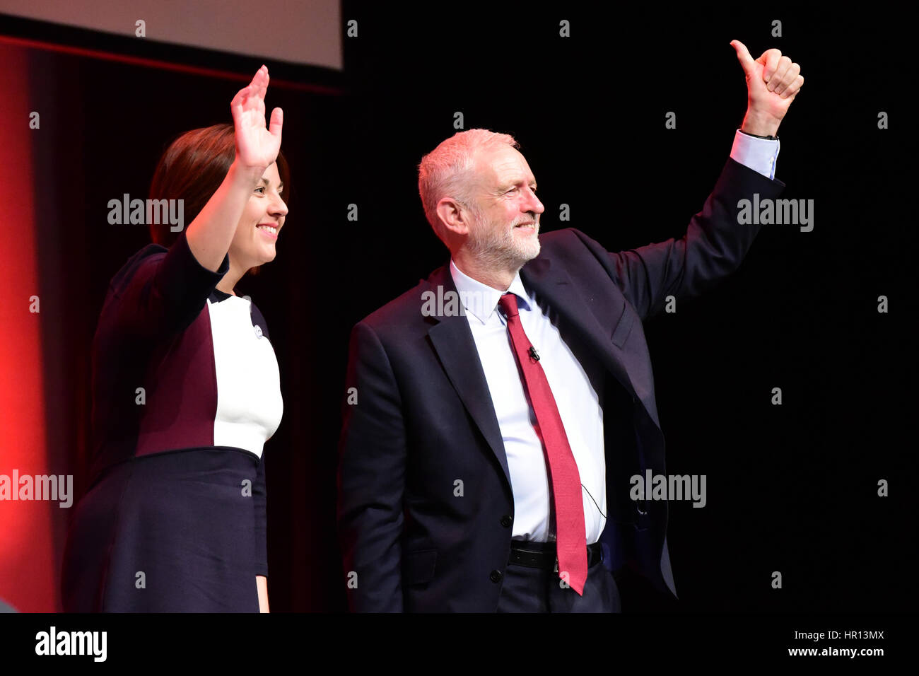 Perth, Scotland, UK. 26th February 2017. Scottish Labour leader Kezia Dugdale on stage with UK Labour leader Jeremy Corbyn after his speech to the Scottish Labour Party conference in Perth, Credit: Ken Jack/Alamy Live News Stock Photo