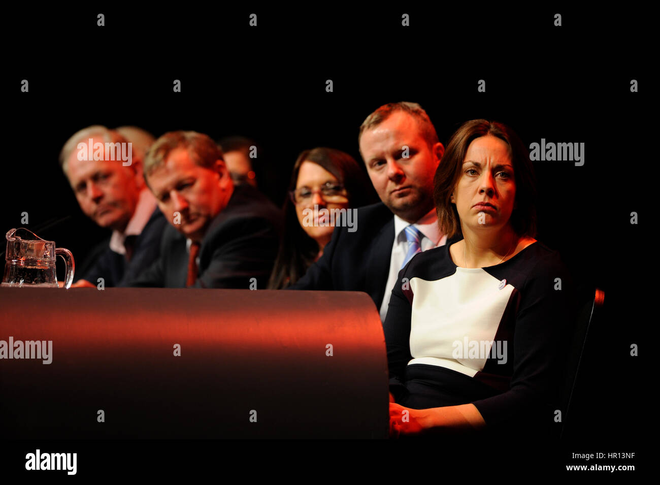 Perth, Scotland, UK. 26th February 2017. Scottish Labour leader Kezia Dugdale (R)listens to Jeremy Corbyn's speech to the Scottish Labour Party conference in Perth, Credit: Ken Jack/Alamy Live News Stock Photo