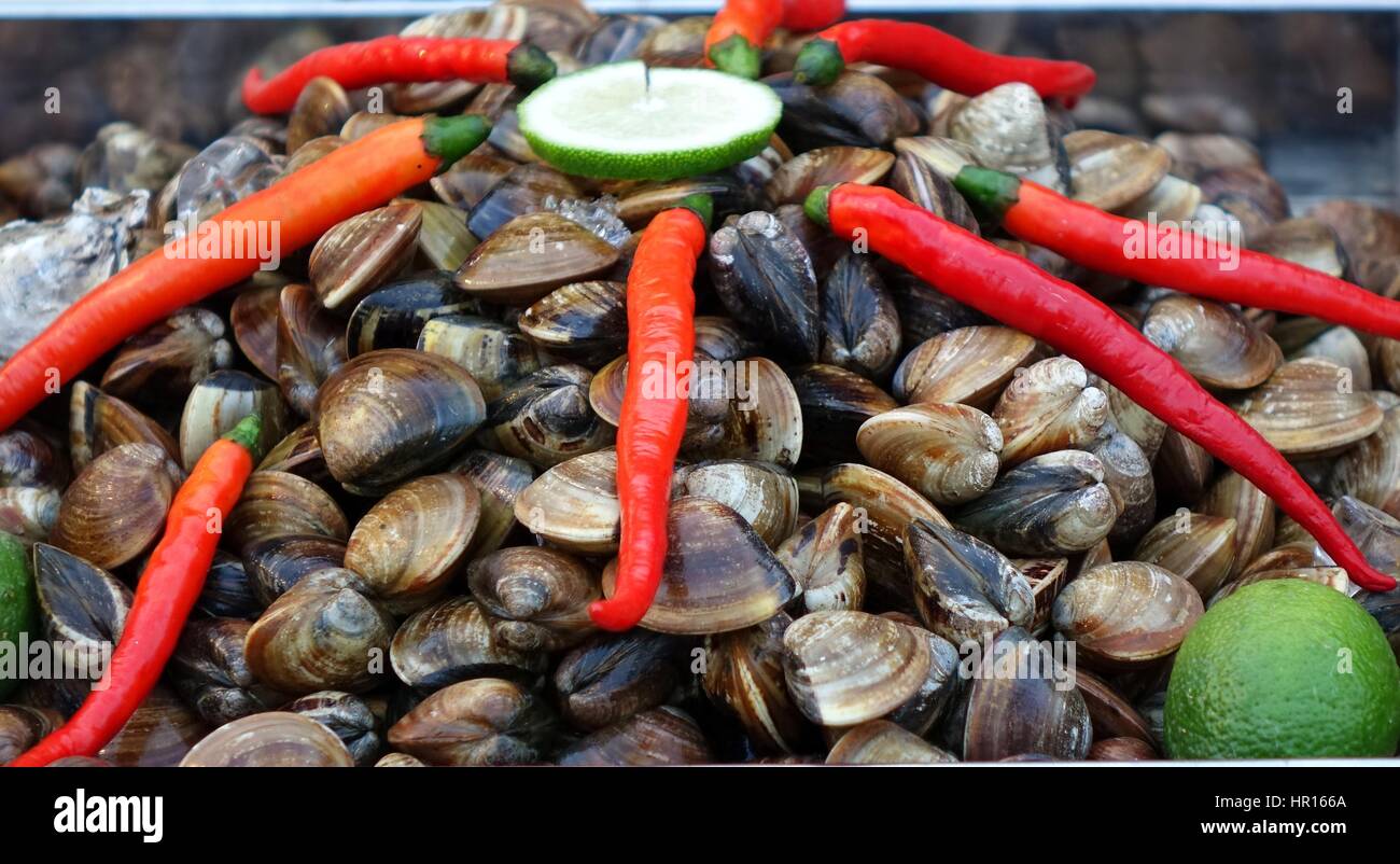 A street vendor sells fresh clams with chilies and lime slices Stock Photo