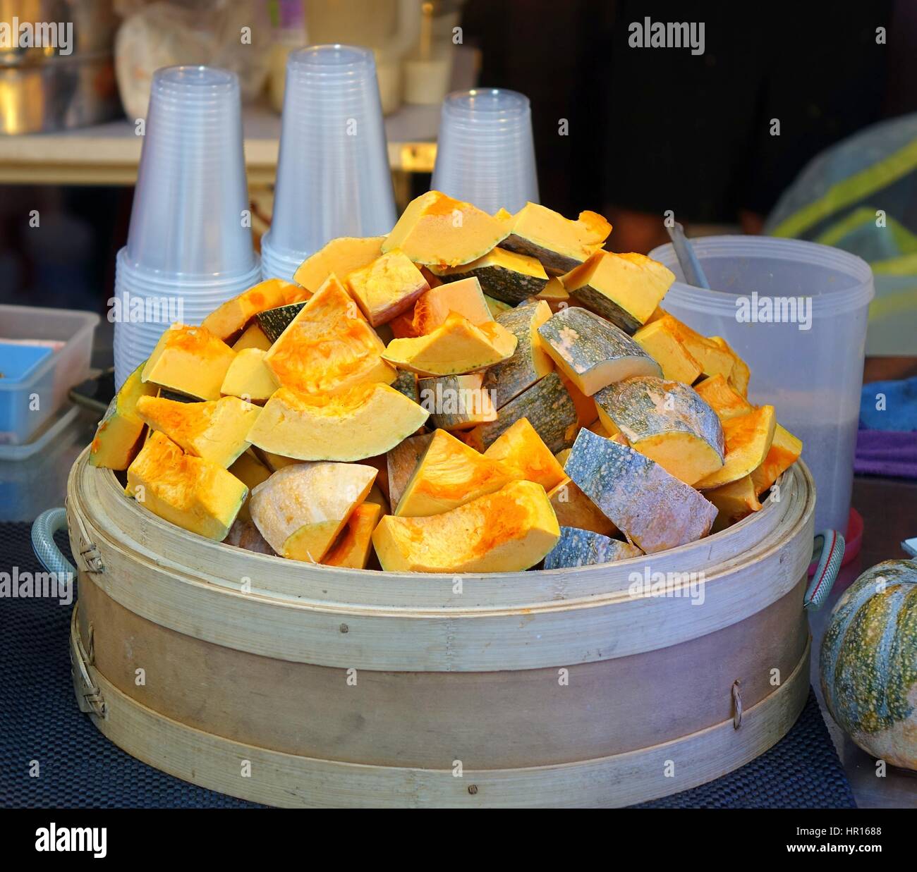 A street vendor sells shakes made from freshly cooked squash Stock Photo