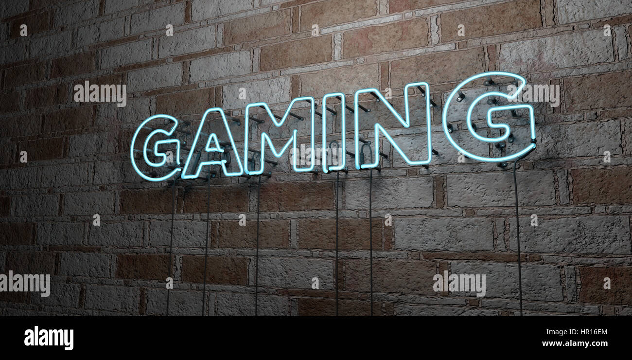 GAMING - Glowing Neon Sign on stonework wall - 3D rendered royalty free ...