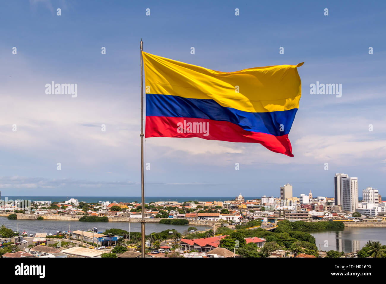 Colombian Flag over city of Cartagena, Colombia Stock Photo