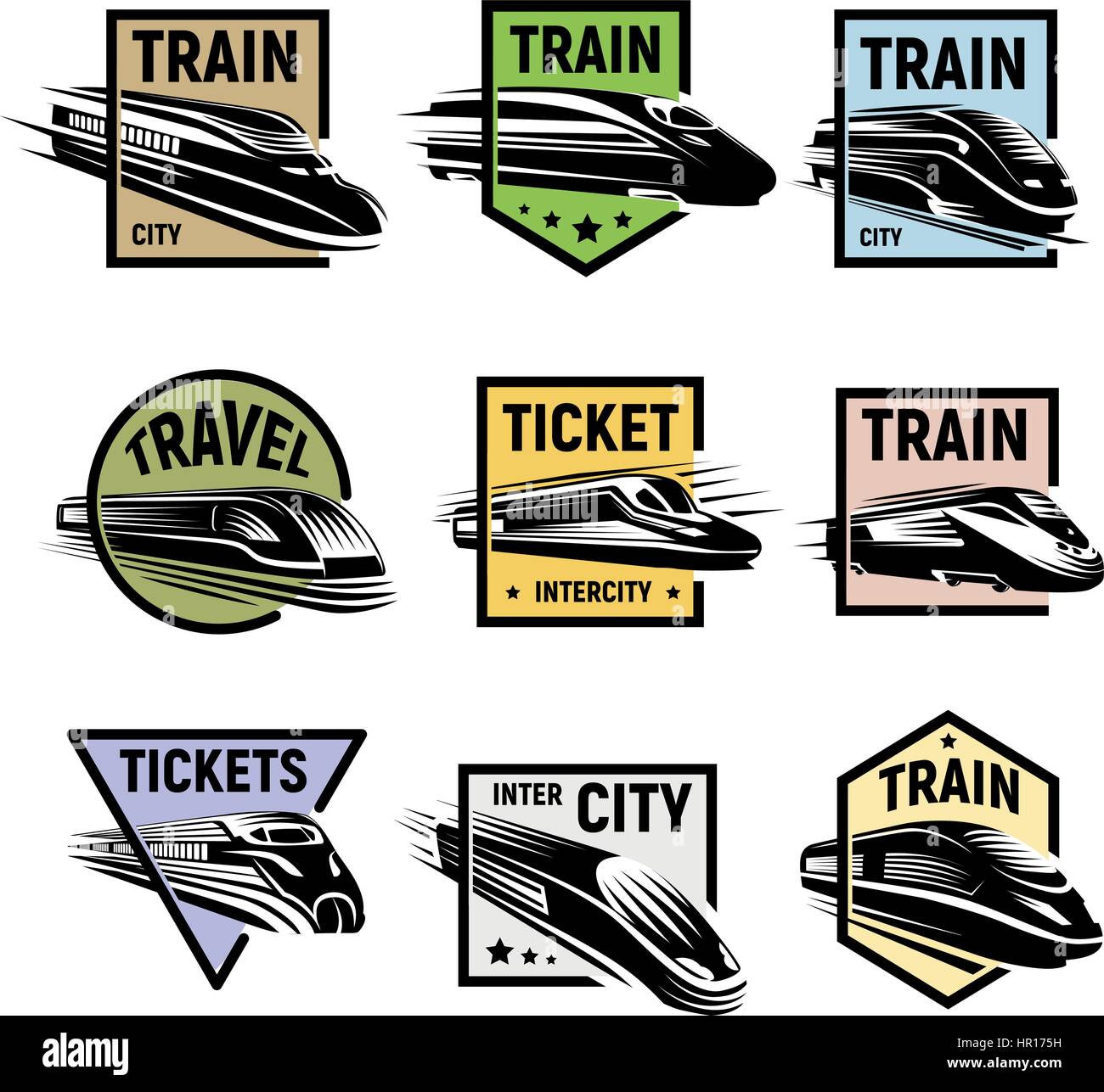 Isolated modern gravure style train in colorful frame logos set on