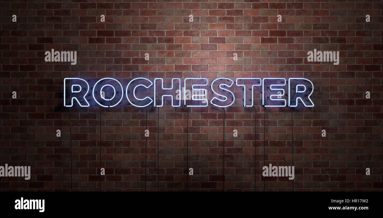 ROCHESTER fluorescent Neon tube Sign on brickwork Front view 3D