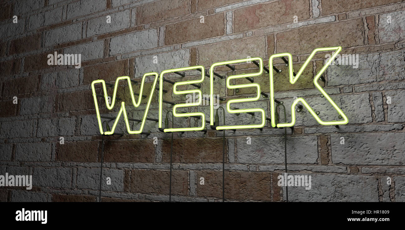 WEEK - Glowing Neon Sign on stonework wall - 3D rendered royalty free ...