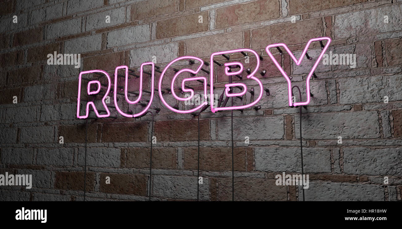 RUGBY - Glowing Neon Sign on stonework wall - 3D rendered royalty free stock illustration