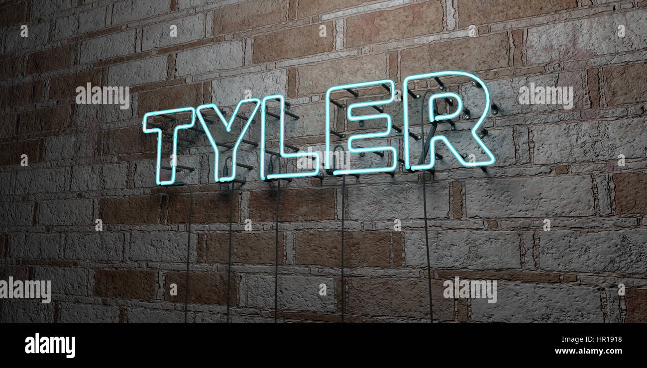 TYLER - Glowing Neon Sign on stonework wall - 3D rendered royalty free ...