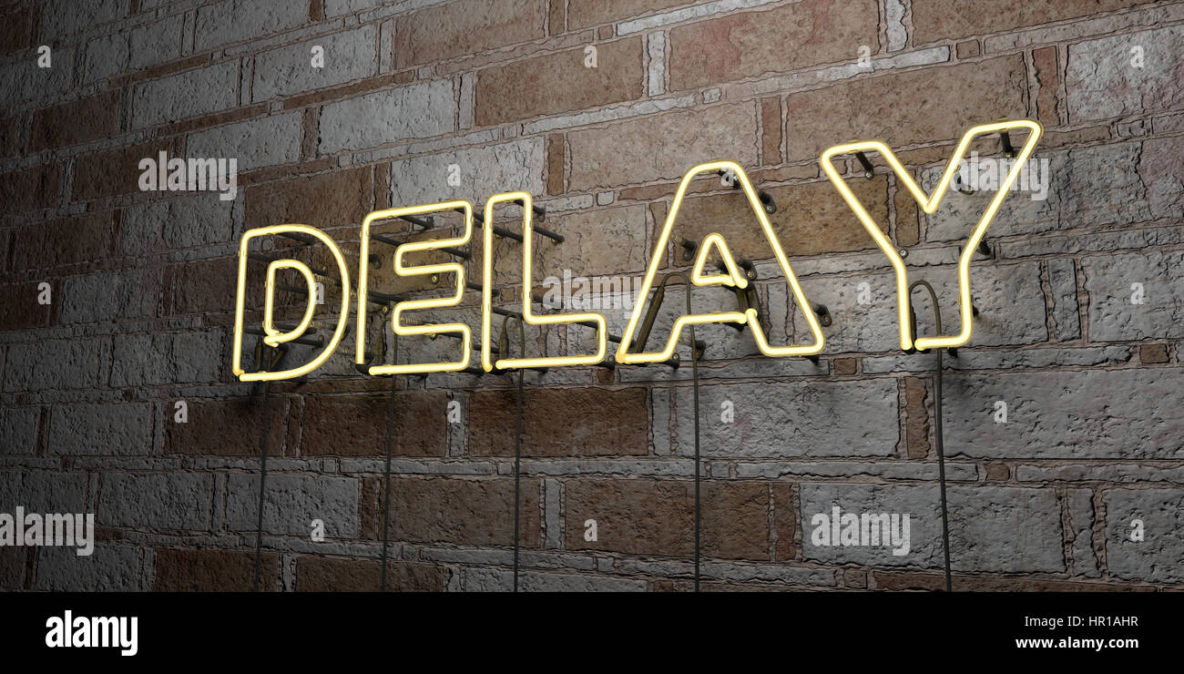 DELAY - Glowing Neon Sign on stonework wall - 3D rendered royalty free ...