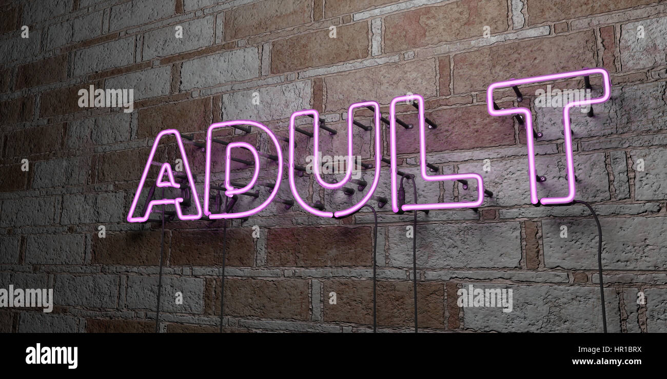 ADULT - Glowing Neon Sign on stonework wall - 3D rendered royalty free ...