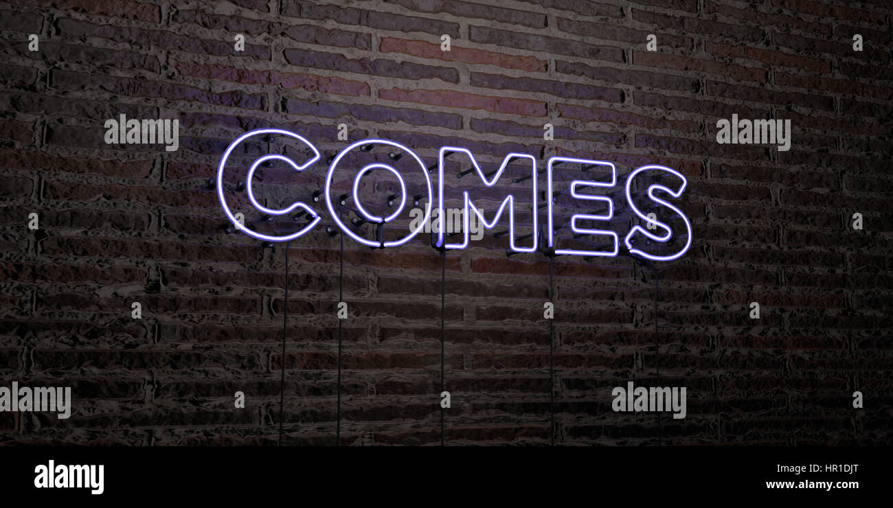 Comes Realistic Neon Sign On Brick Wall Background 3d Rendered Royalty Free Stock Image Can 