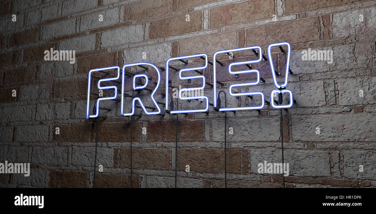 FREE! - Glowing Neon Sign on stonework wall - 3D rendered royalty free ...