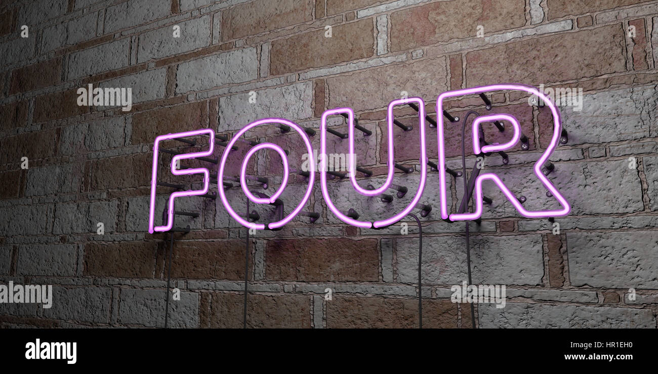 FOUR - Glowing Neon Sign on stonework wall - 3D rendered royalty free ...