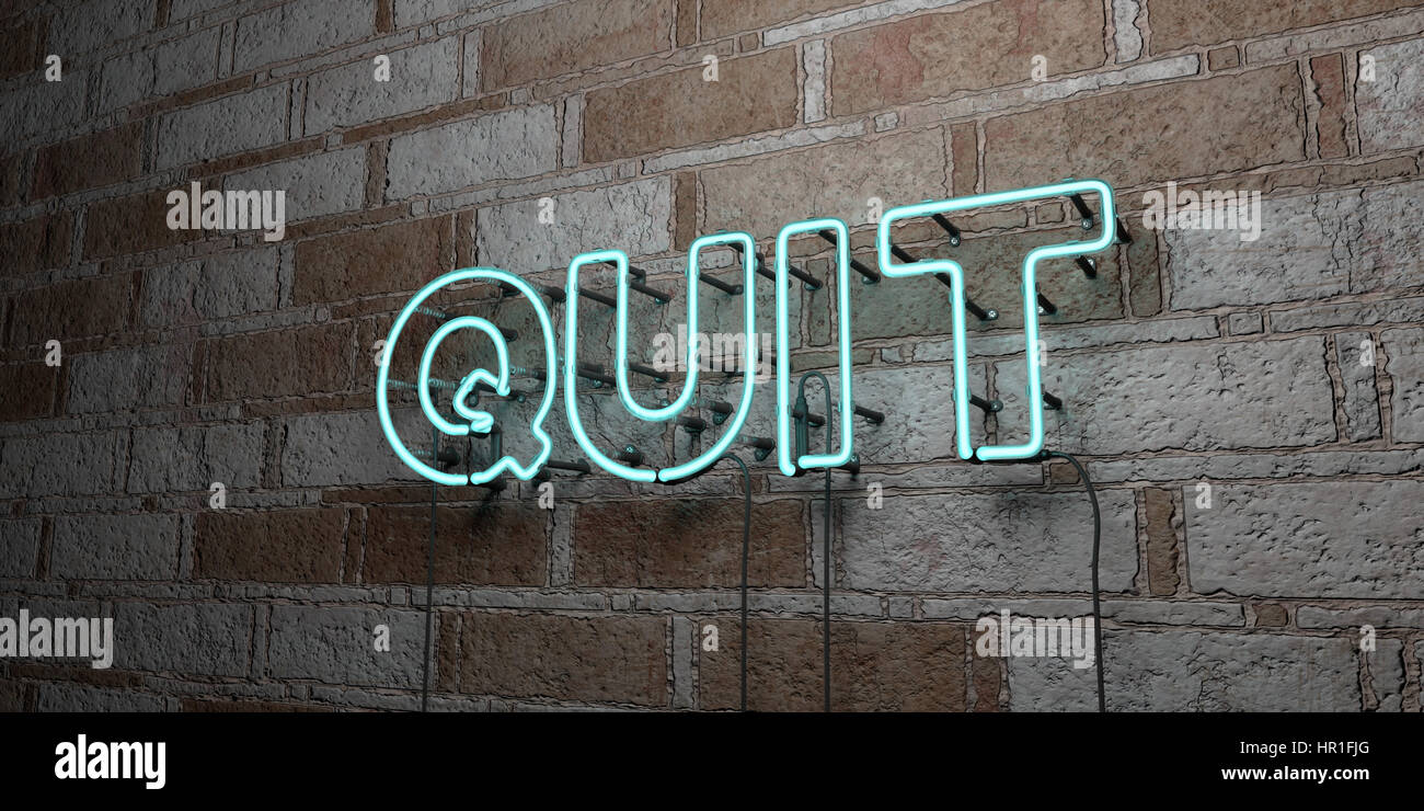 QUIT Glowing Neon Sign on stonework wall 3D rendered royalty free