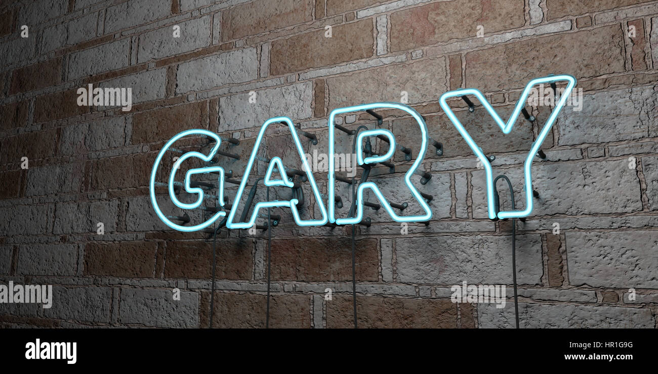GARY - Glowing Neon Sign on stonework wall - 3D rendered royalty free ...