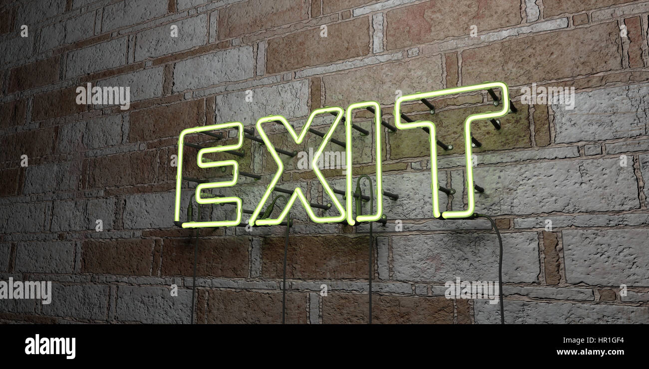 EXIT - Glowing Neon Sign on stonework wall - 3D rendered royalty free ...