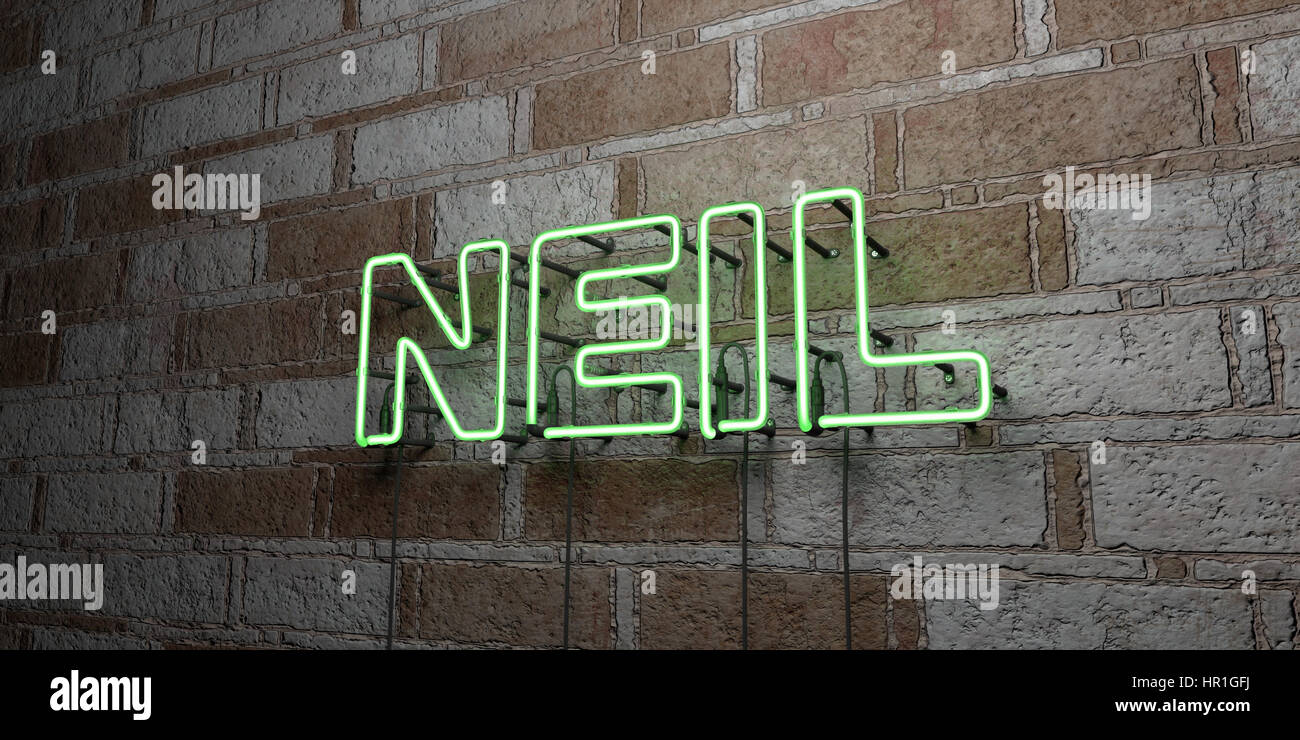 NEIL - Glowing Neon Sign on stonework wall - 3D rendered royalty free ...