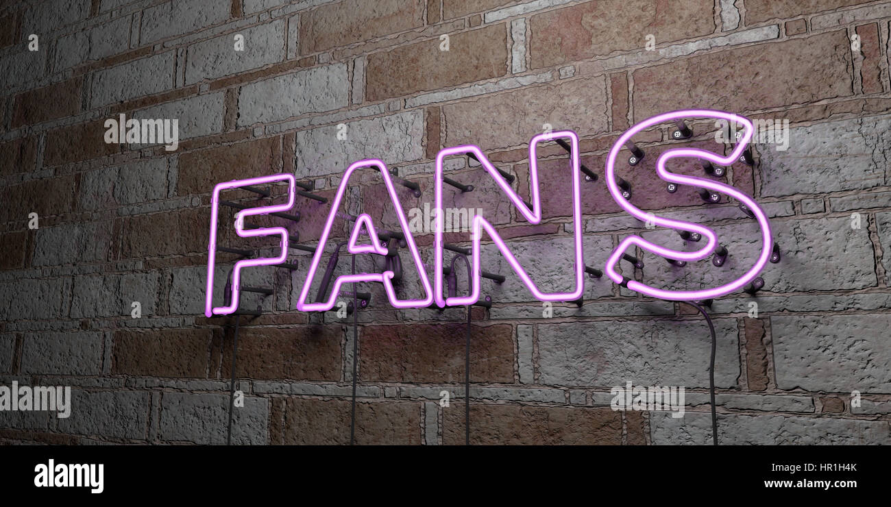 FANS - Glowing Neon Sign on stonework wall - 3D rendered royalty free ...