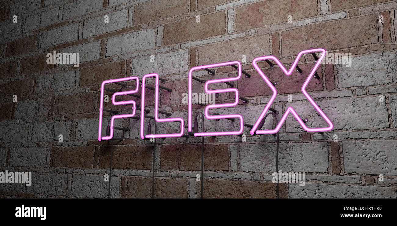 FLEX - Glowing Neon Sign on stonework wall - 3D rendered royalty free stock illustration.  Can be used for online banner ads and direct mailers. Stock Photo