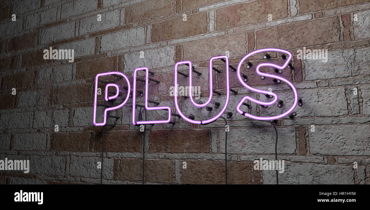 PLUS - Glowing Neon Sign on stonework wall - 3D rendered royalty free ...