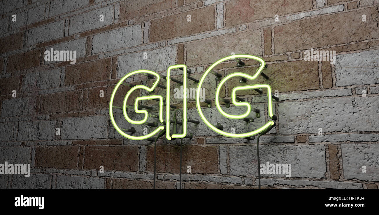 GIG - Glowing Neon Sign on stonework wall - 3D rendered royalty free ...