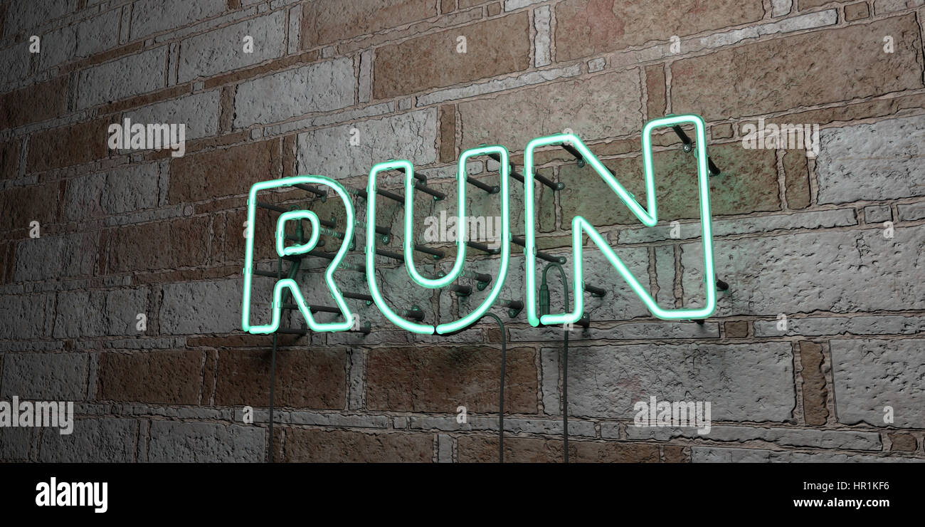 RUN - Glowing Neon Sign on stonework wall - 3D rendered royalty free ...