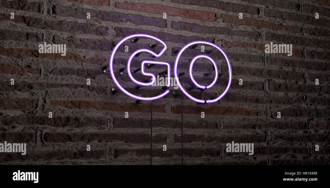 GO -Realistic Neon Sign on Brick Wall background - 3D rendered royalty ...