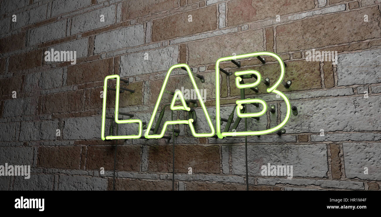 LAB - Glowing Neon Sign on stonework wall - 3D rendered royalty free ...