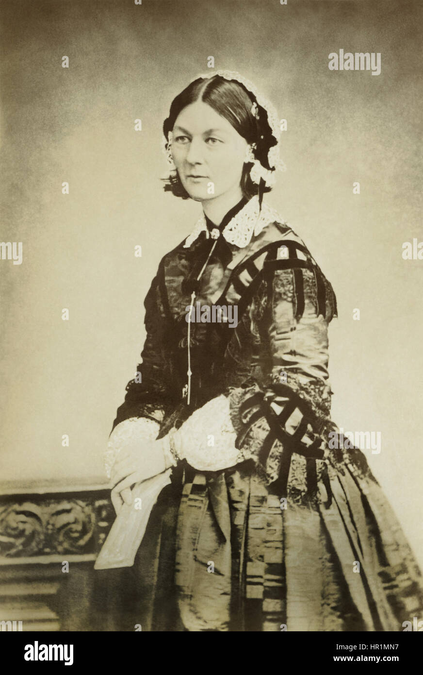 Florence Nightingale (1820-1910), the founder of modern nursing, in a c1856 photograph by William Edward Kilburn. Nightingale led a team of nurses she trained to tend to the wounded British and allied forces in the Crimean War (1854) at the Barrack Hospital in Scutari, a suburb of Constantinople. In 1860, she laid the foundation of professional nursing with the establishment of her nursing school at St Thomas' Hospital in London. Stock Photo