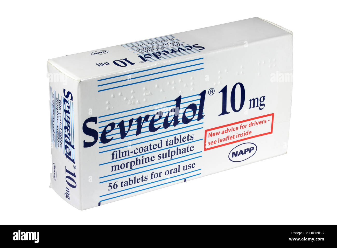A box of 56 NAPP Sevredol 10mg morphine sulphate film-coated tablets isolated on a white background opioid painkillers UK prescription drug Stock Photo