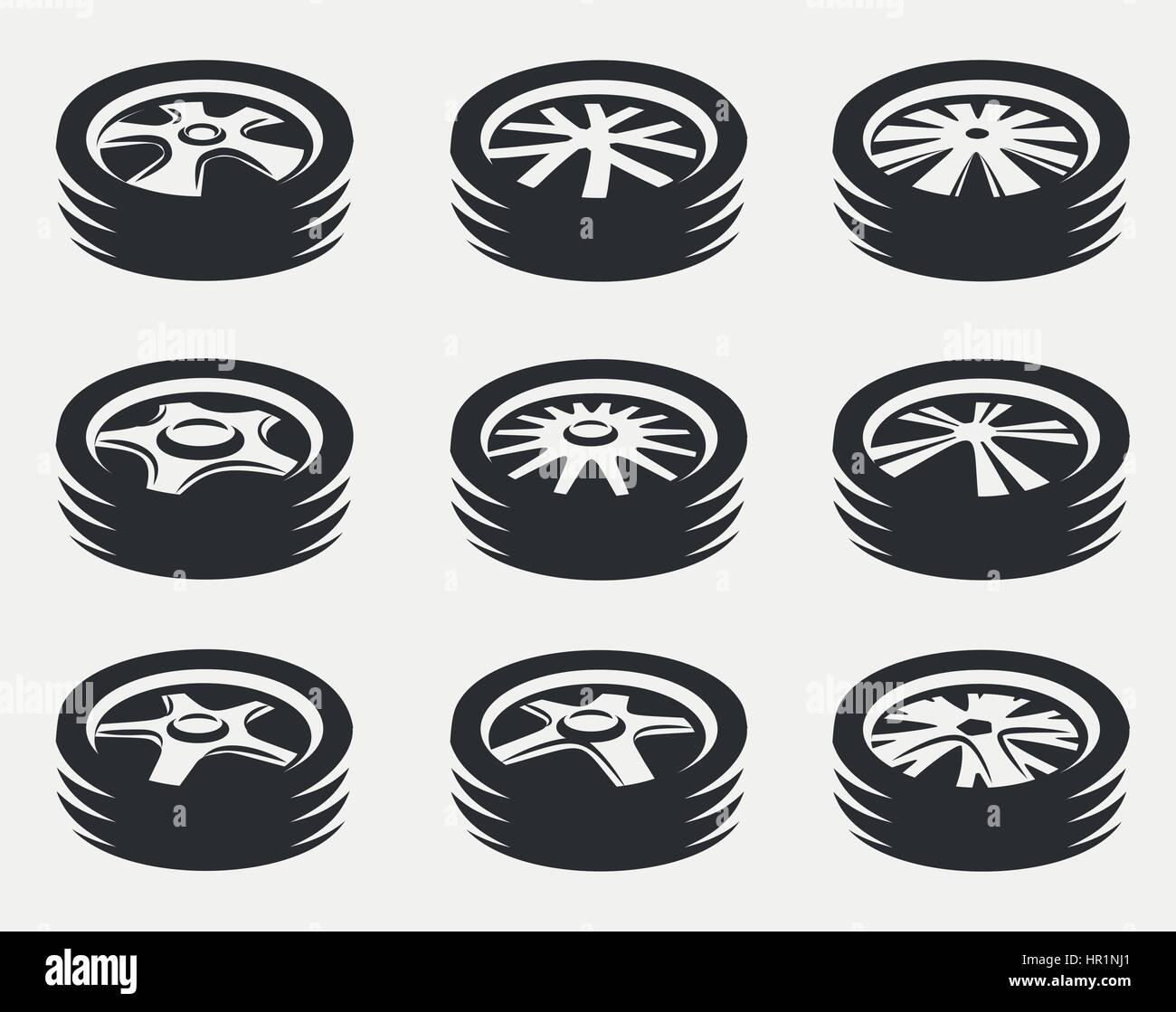 Isolated black and white color alloy wheels logo collection, car elements logotype set vector illustration. Stock Vector