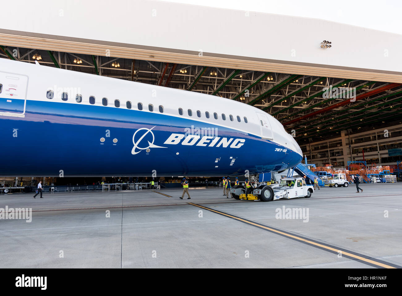 The new Boeing 787-10 Dreamliner aircraft unveiled at the Boeing factory February 17, 2016 in North Charleston, SC. President Donald Trump attended the rollout ceremony for the stretch version of the aircraft capable of carrying 330 passengers over 7,000 nautical miles. Stock Photo