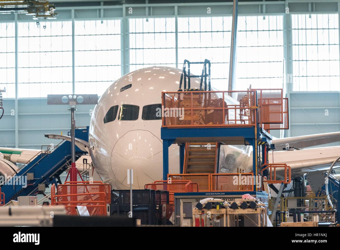 Manufacturing production line for the new Boeing 787-10 Dreamliner aircraft unveiled at the Boeing factory February 17, 2016 in North Charleston, SC. President Donald Trump attended the rollout ceremony for the stretch version of the aircraft capable of carrying 330 passengers over 7,000 nautical miles. Stock Photo