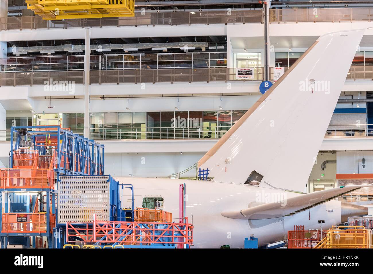 Manufacturing production line for the new Boeing 787-10 Dreamliner aircraft unveiled at the Boeing factory February 17, 2016 in North Charleston, SC. President Donald Trump attended the rollout ceremony for the stretch version of the aircraft capable of carrying 330 passengers over 7,000 nautical miles. Stock Photo