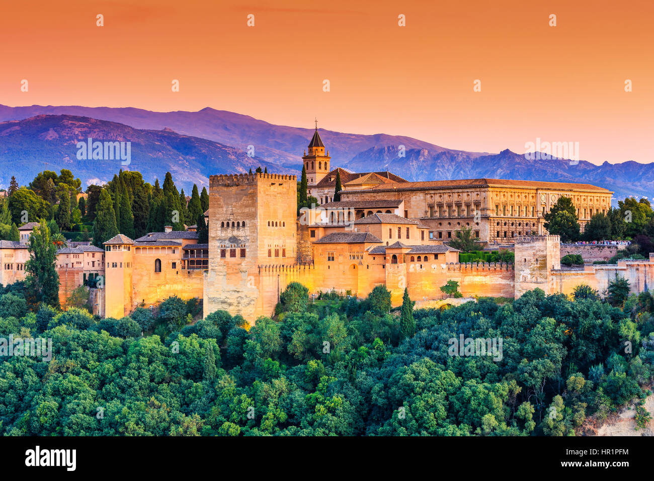 Alhambra of Granada, Spain. Alhambra fortress at sunset. Stock Photo