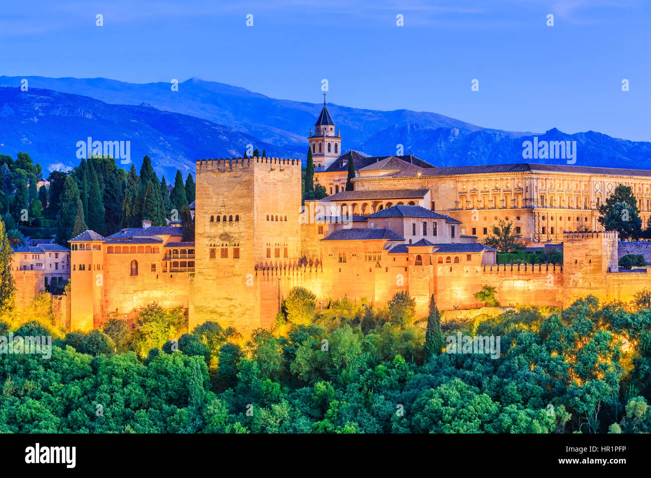 Alhambra of Granada, Spain. Alhambra fortress at twilight. Stock Photo
