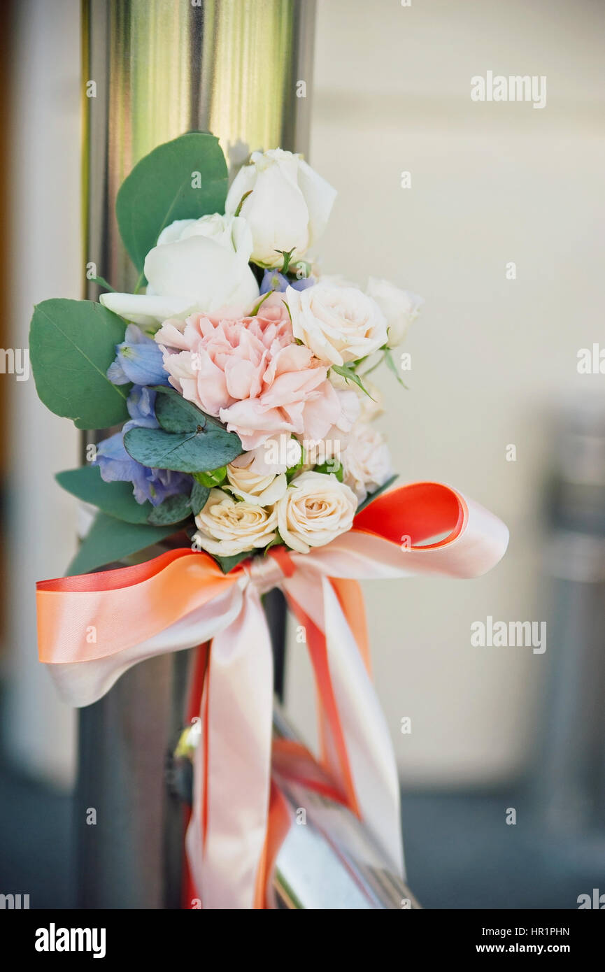 Small roses buds in tenderless boutonniere, closeup Stock Photo