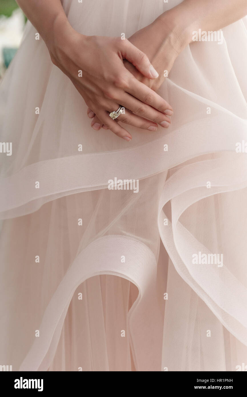 Beautiful wedding ring on bride hand Stock Photo