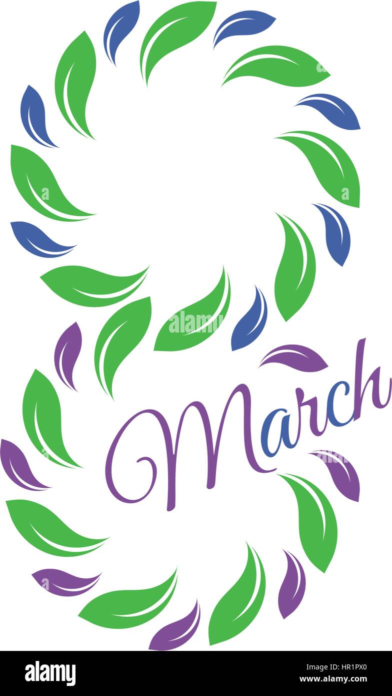 Isolated green color number eight of leaves and petals with purple word march icon, international women day greeting card element vector illustration. Stock Vector