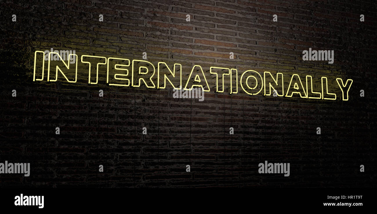 INTERNATIONALLY -Realistic Neon Sign on Brick Wall background - 3D rendered royalty free stock image. Can be used for online banner ads and direct mai Stock Photo