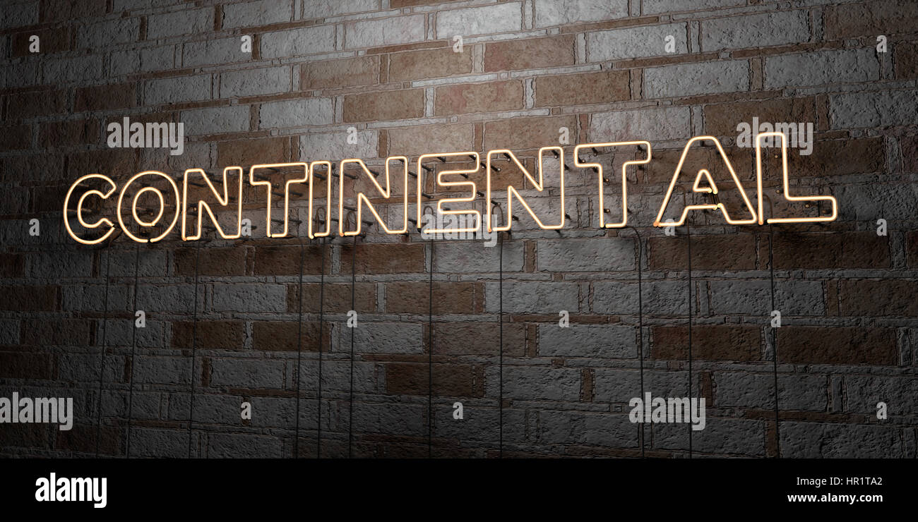 CONTINENTAL - Glowing Neon Sign on stonework wall - 3D rendered royalty ...