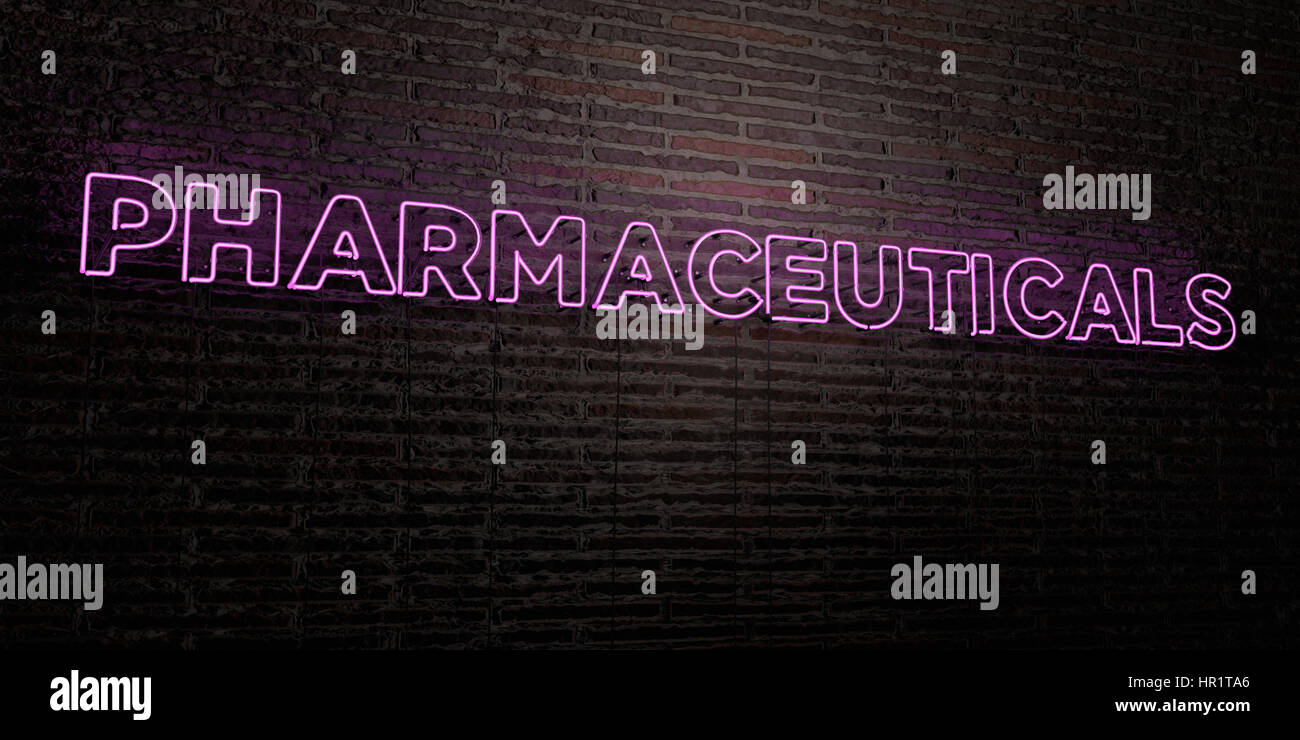 PHARMACEUTICALS Realistic Neon Sign on Brick Wall background 3D