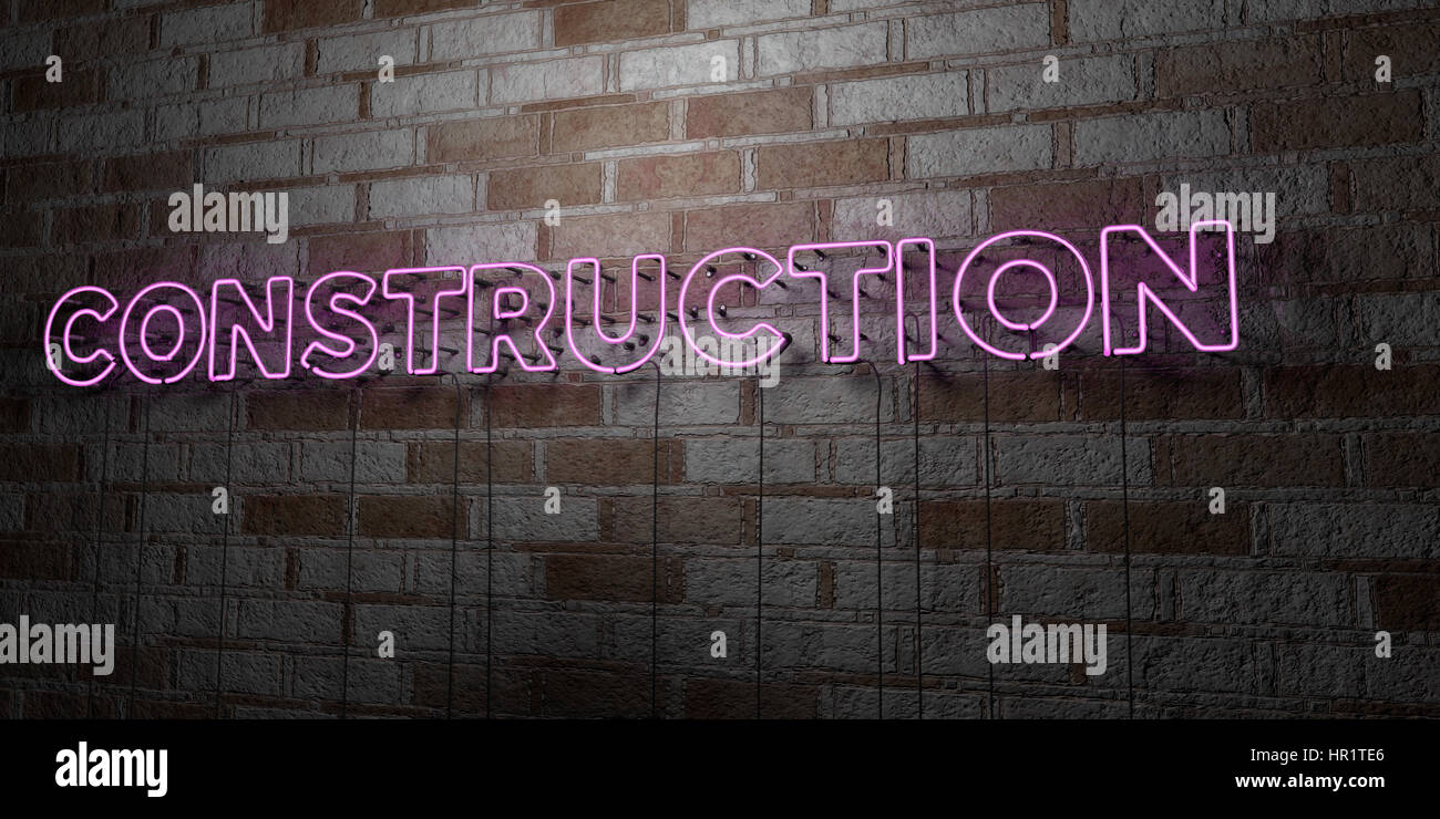 Construction Glowing Neon Sign On Stonework Wall 3d Rendered