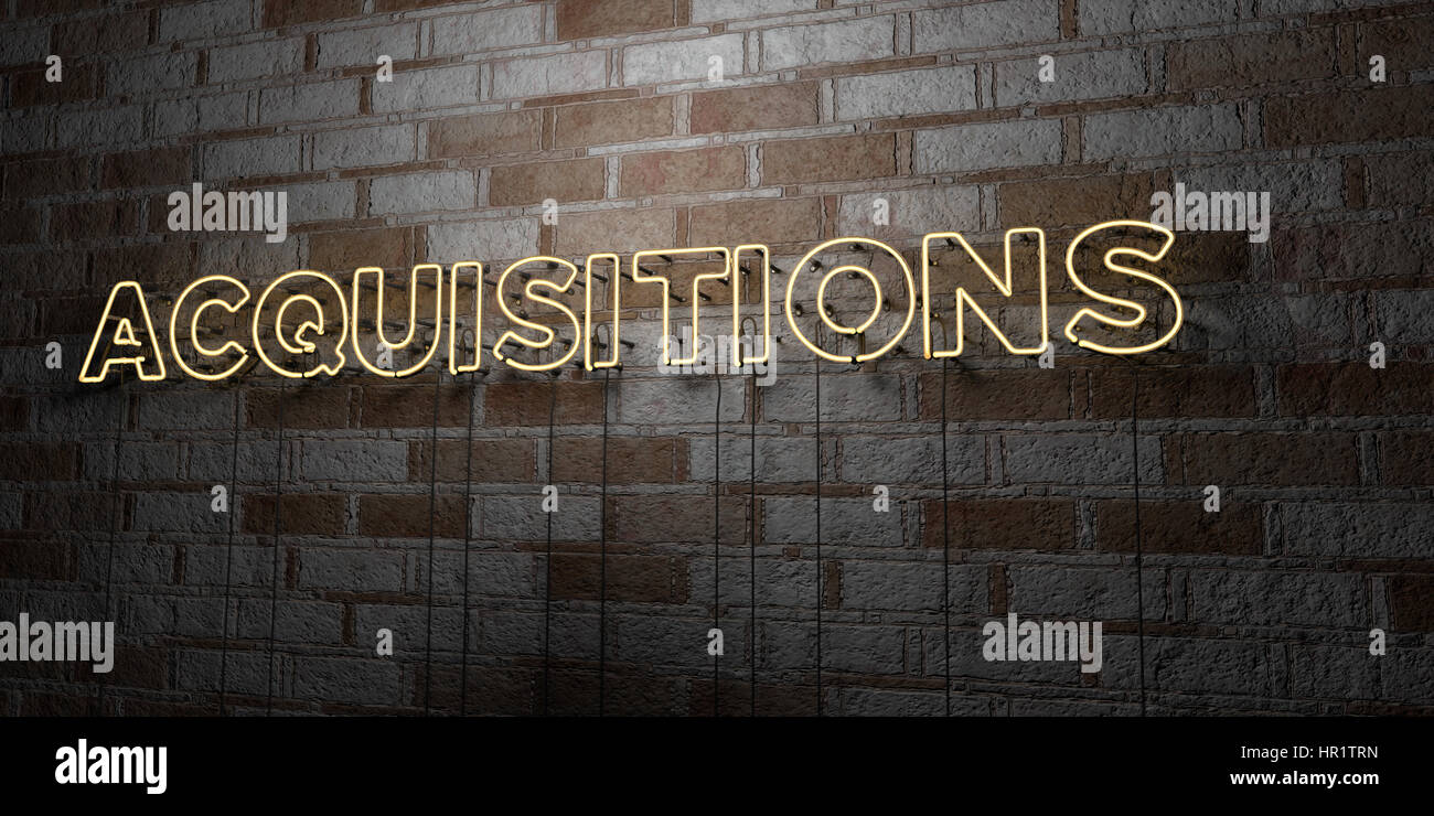 ACQUISITIONS - Glowing Neon Sign on stonework wall - 3D rendered ...
