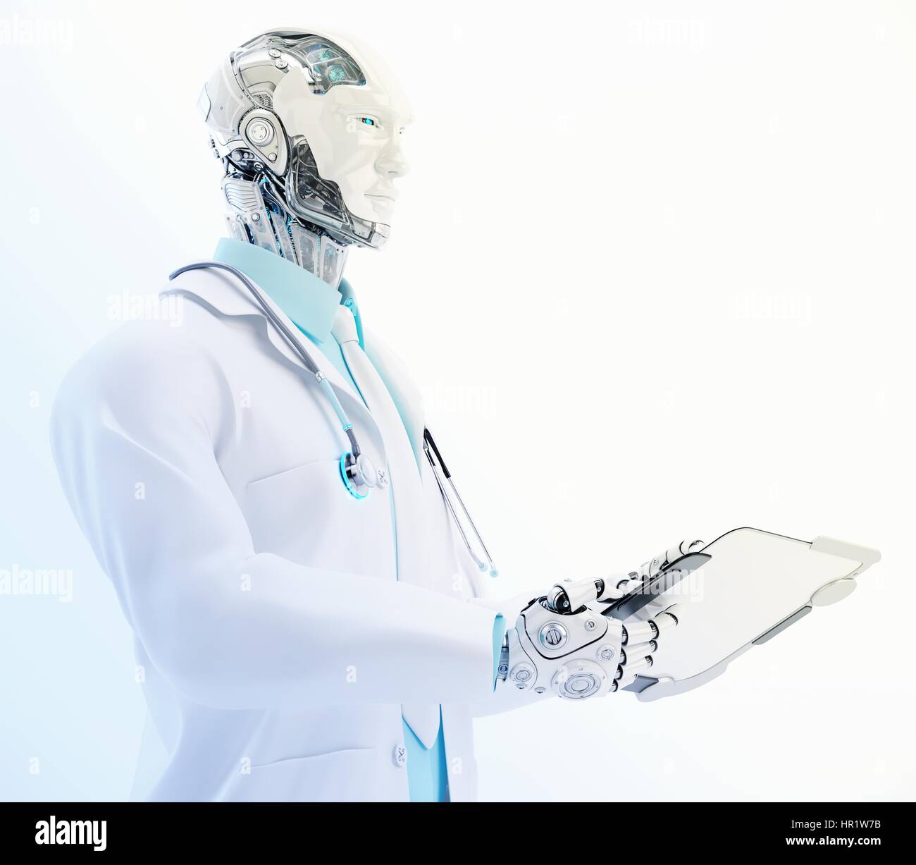 Artificial robot doctor, medical specialist working with tablet pc in profile, 3d render