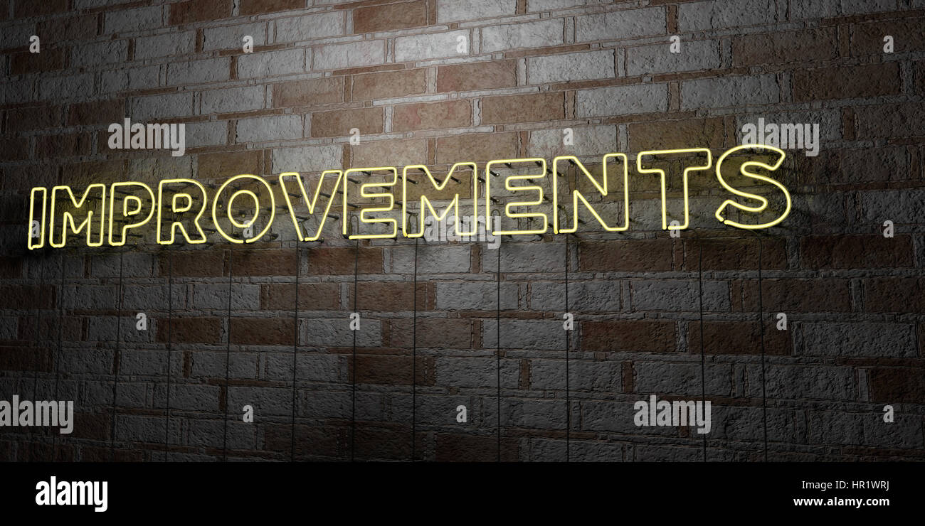 IMPROVEMENTS - Glowing Neon Sign on stonework wall - 3D rendered ...